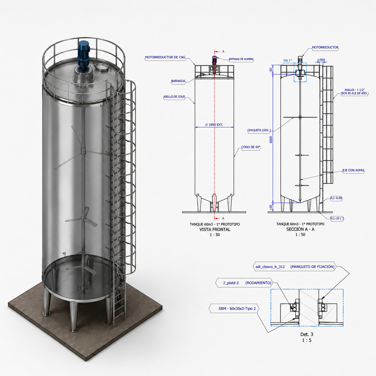 Modelo 3D y planos técnicos de un tanque industrial