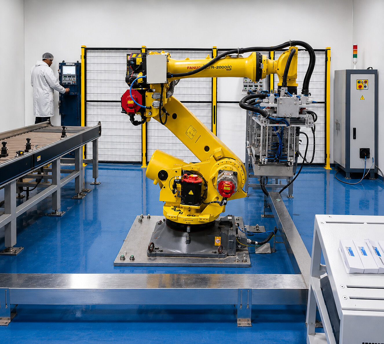 Brazo robótico industrial en línea de producción